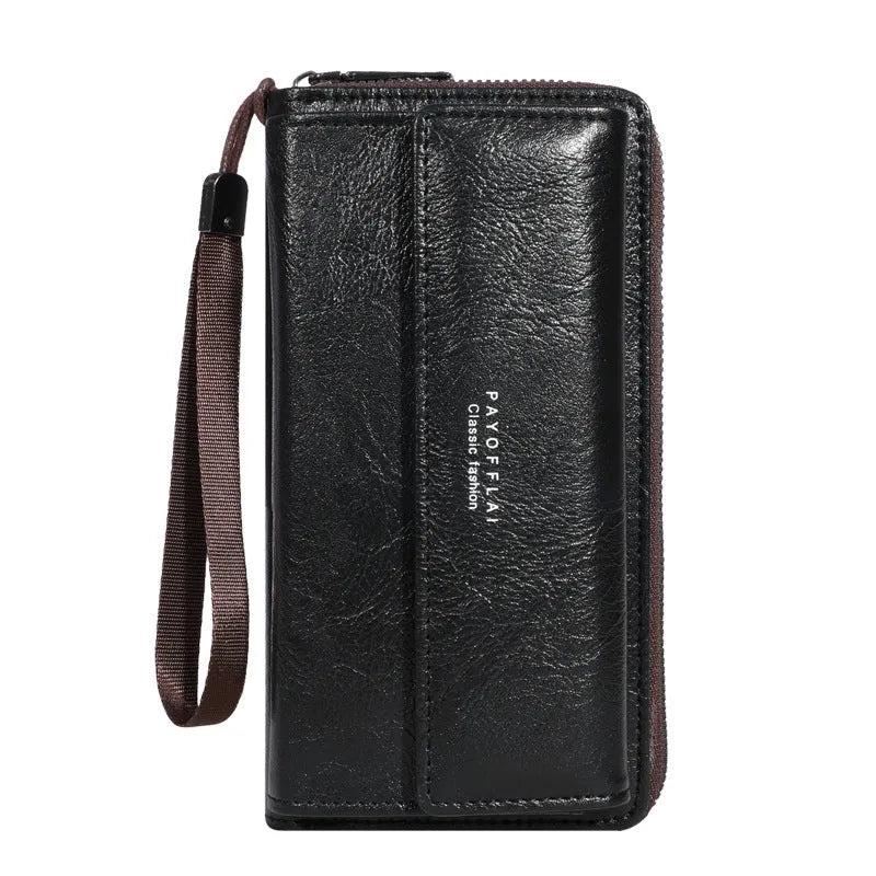 Men's long black PU leather wallet showing multiple card slots, laid flat to show 19cm length