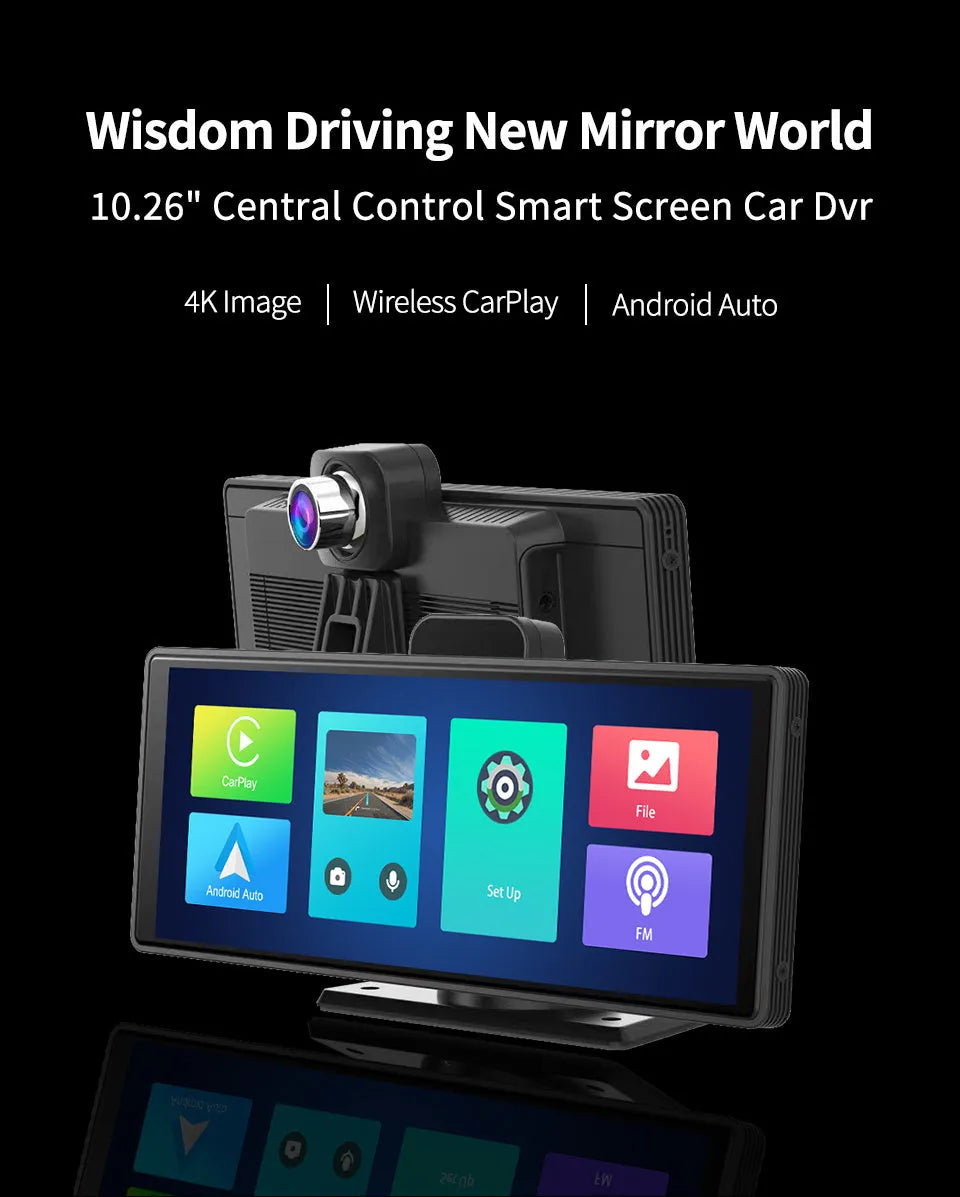 Black car dashboard camera with 10.26-inch screen and rear camera for dual recording