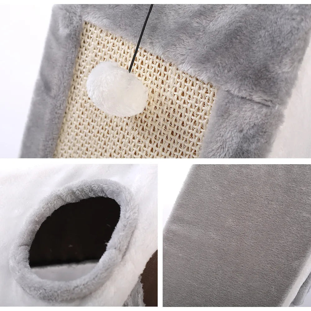 Grey and white triangular cat bed with sisal scratching posts on the sides.