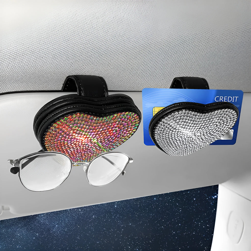 Diamond-encrusted leather car clip for sunglasses and documents with magnetic sun visor attachment