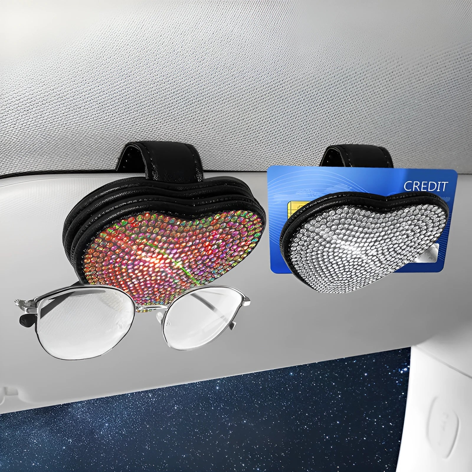 Diamond-encrusted leather car clip for sunglasses and documents with magnetic sun visor attachment