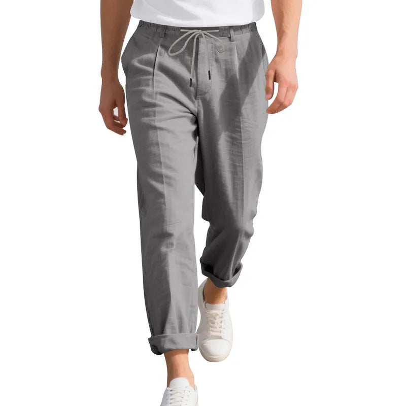 Men's linen straight-leg trousers in army green colour with drawstring waist