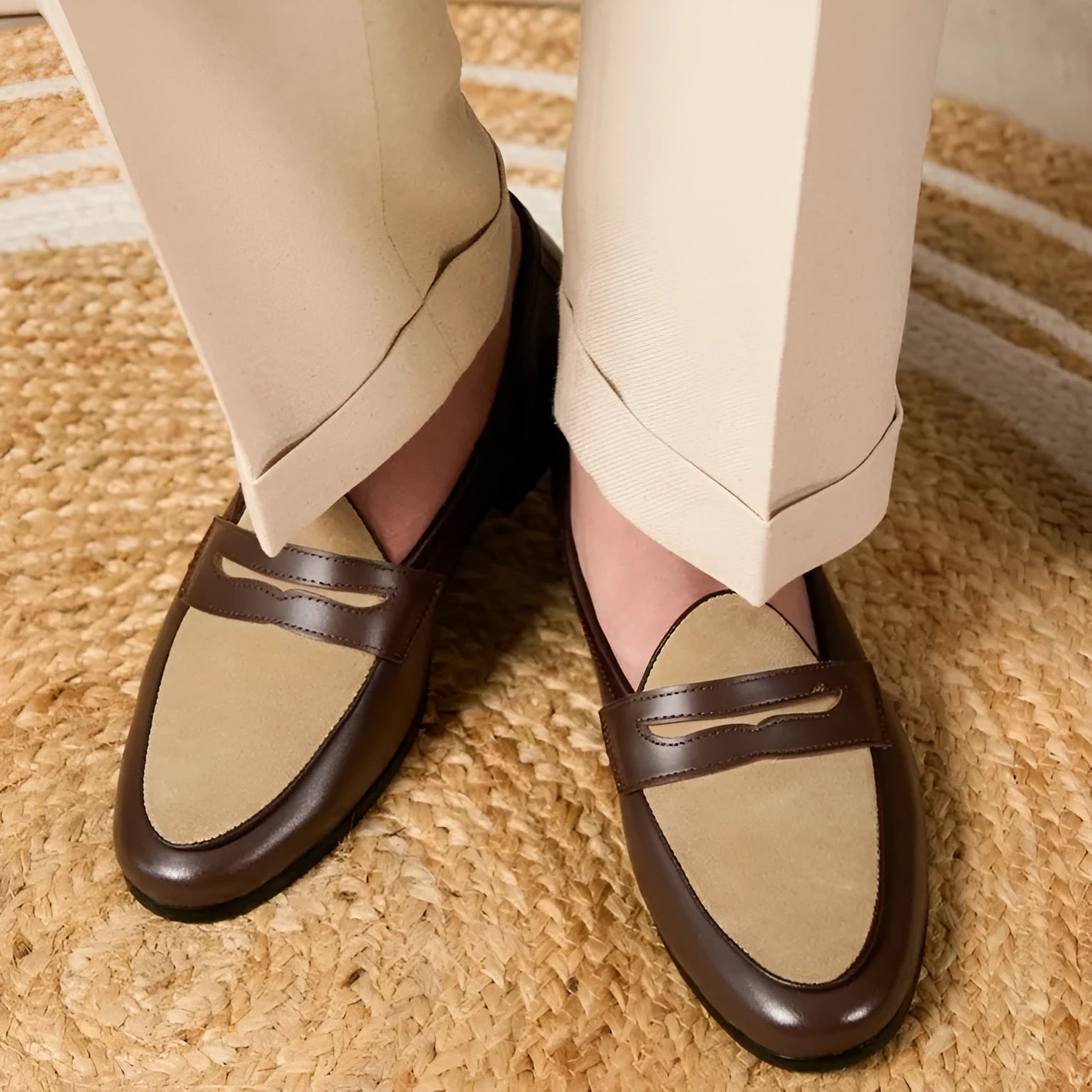 Coffee grey suede loafers with high-gloss finish and slip-on design