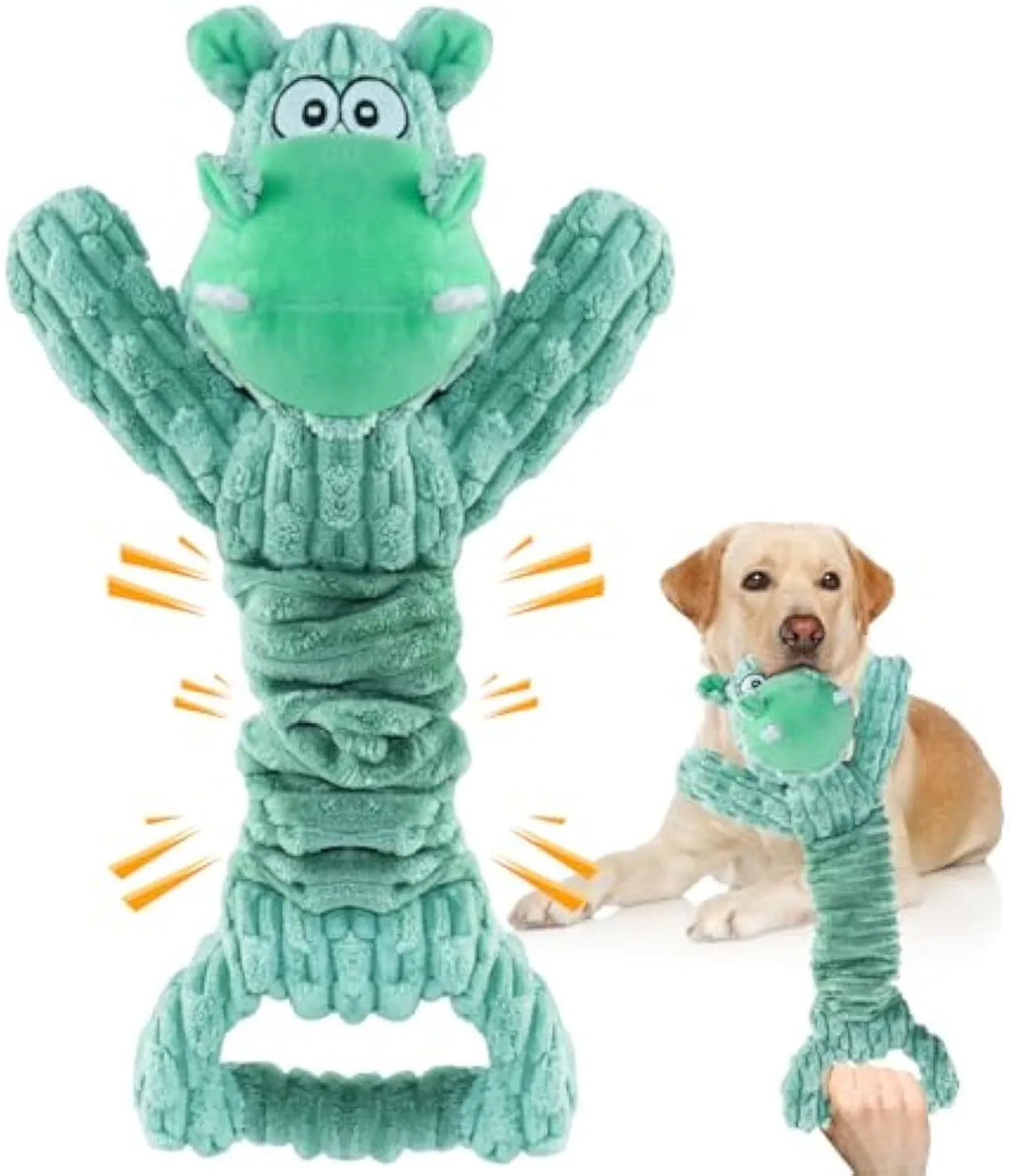 Large plush dog toy with Hippo or Monkey design featuring squeaky and crinkle sounds for interactive play