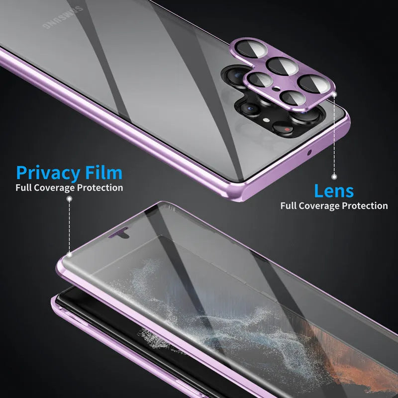 Samsung S24 Ultra phone case with mirror and magnetic metal construction in black, blue, gold, green, purple, red, and silver.