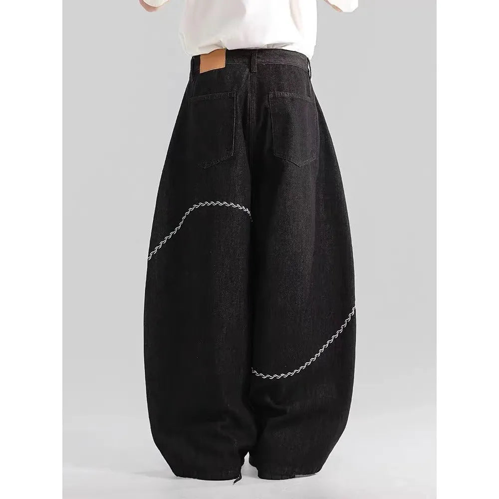 Black straight leg trousers in polyester denim fabric with micro-elastic properties for casual wear