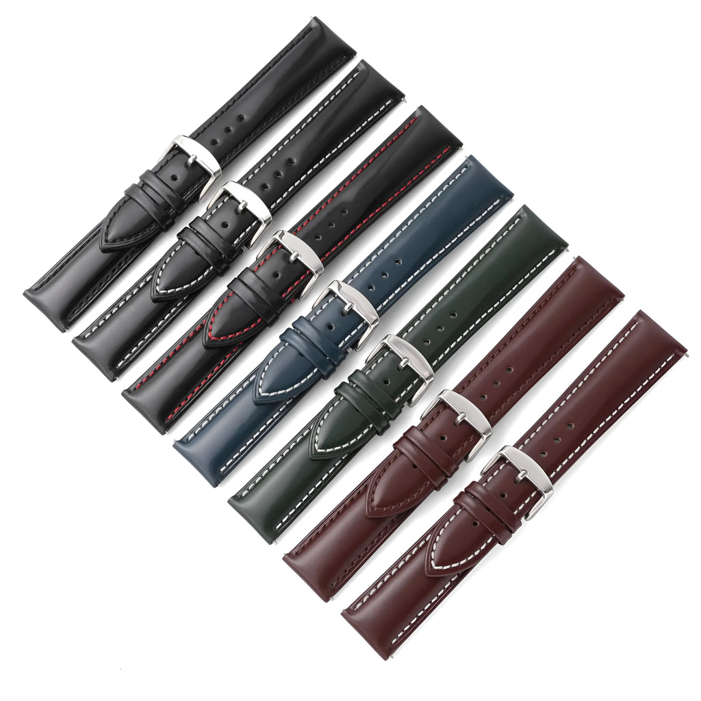 Quick release watch strap made from bright cowhide leather showing colour and width options