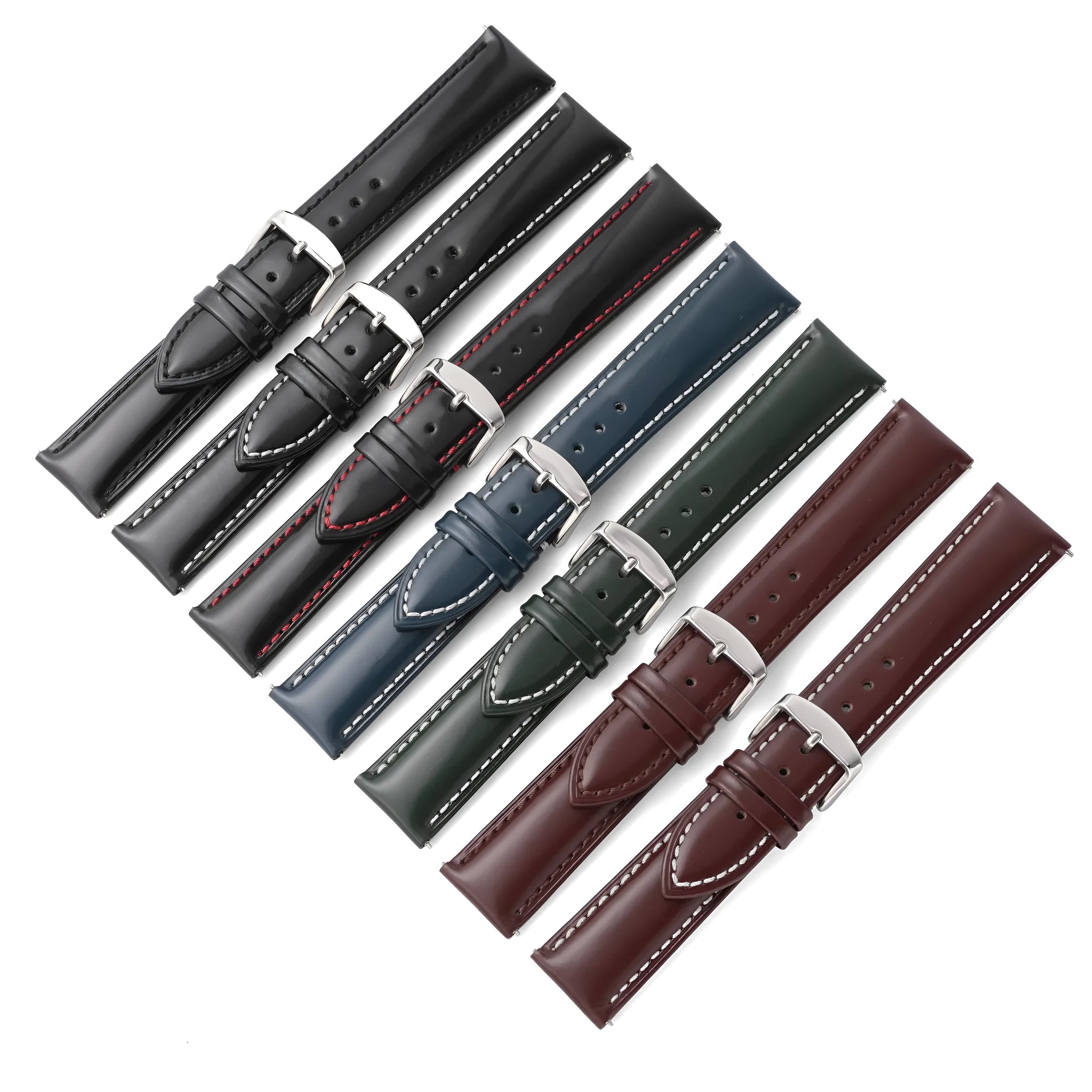 Quick release watch strap made from bright cowhide leather showing colour and width options