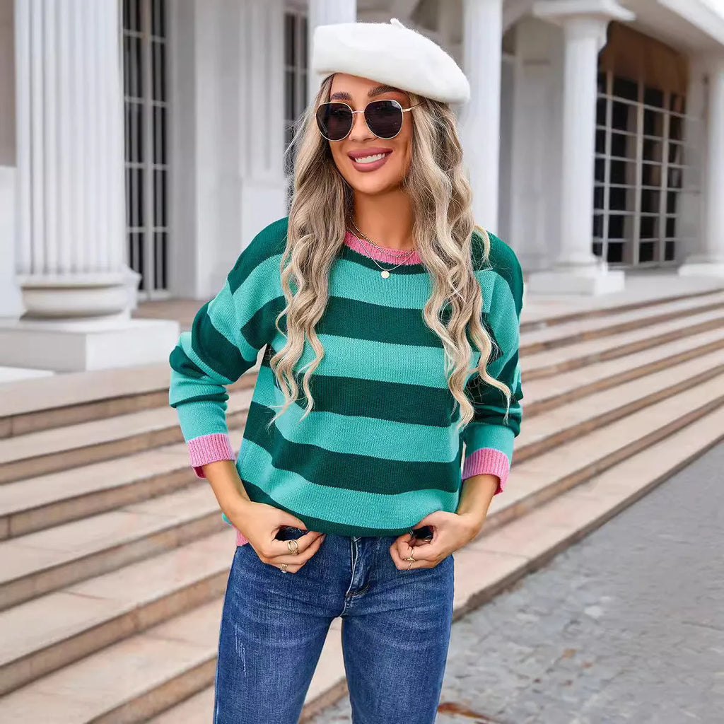 Women's loose striped acrylic sweater in blue with long sleeves and round neck