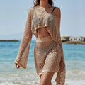 Women's khaki bell sleeve vacation clothing suit with hollow out design showing top and skirt