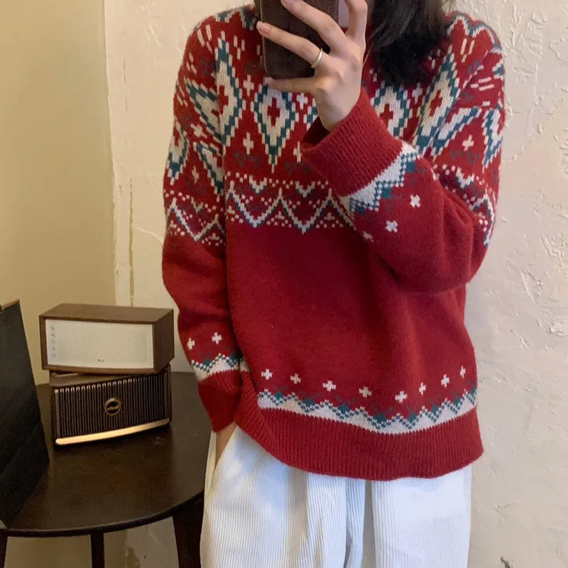 White and red striped retro style loose pullover knitted top with long sleeves