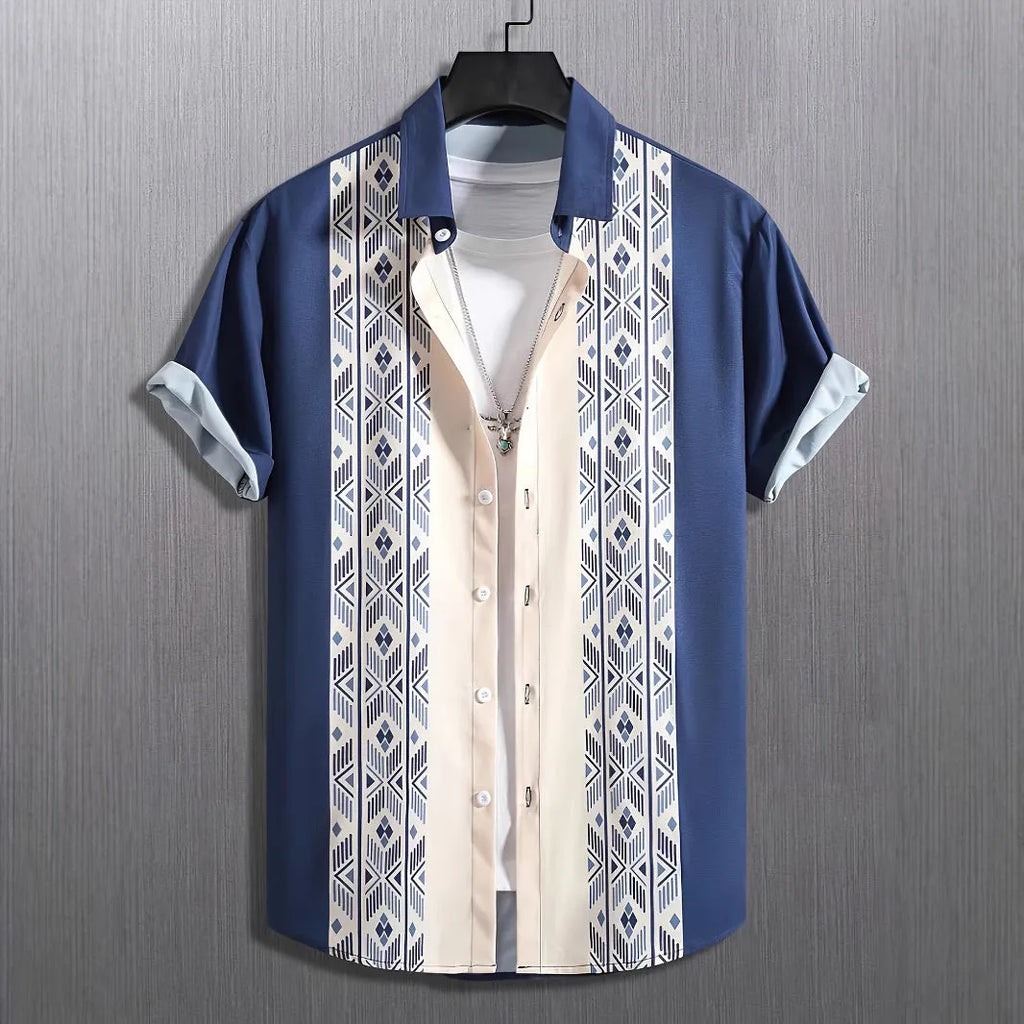 Man wearing loose-fitting short-sleeve plaid cardigan with contrast colours and lapel design