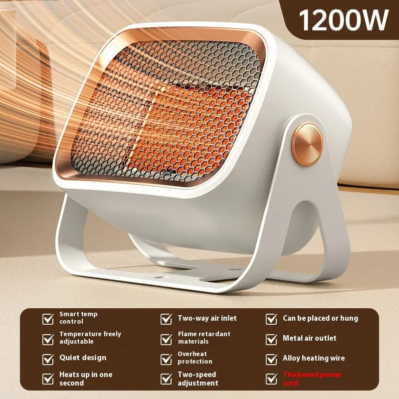 Compact white desktop ceramic heater with control buttons and rotatable base.