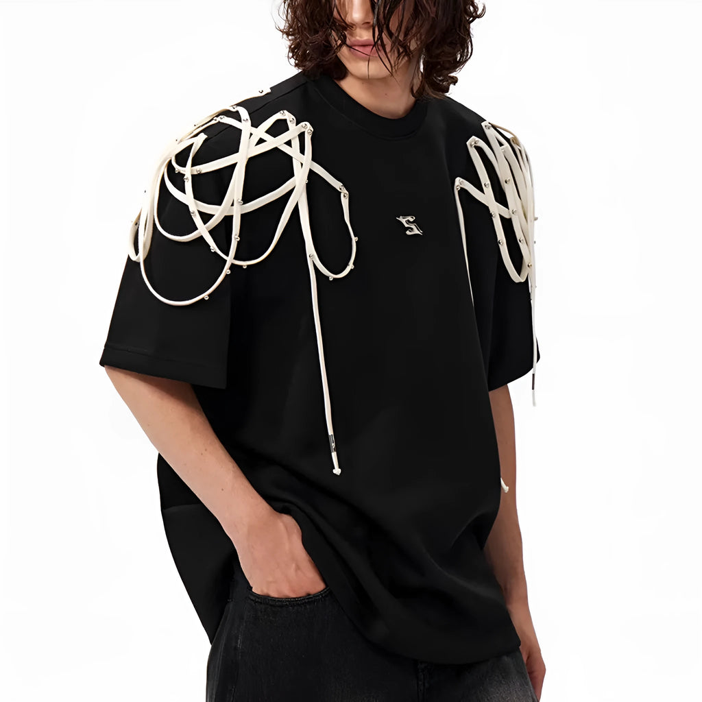 Black women's short-sleeve T-shirt with rivet ribbon detail on padded shoulder.