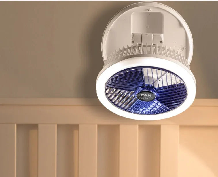 Blue foldable USB desk fan with LED light showing wall mounting bracket and pen holder