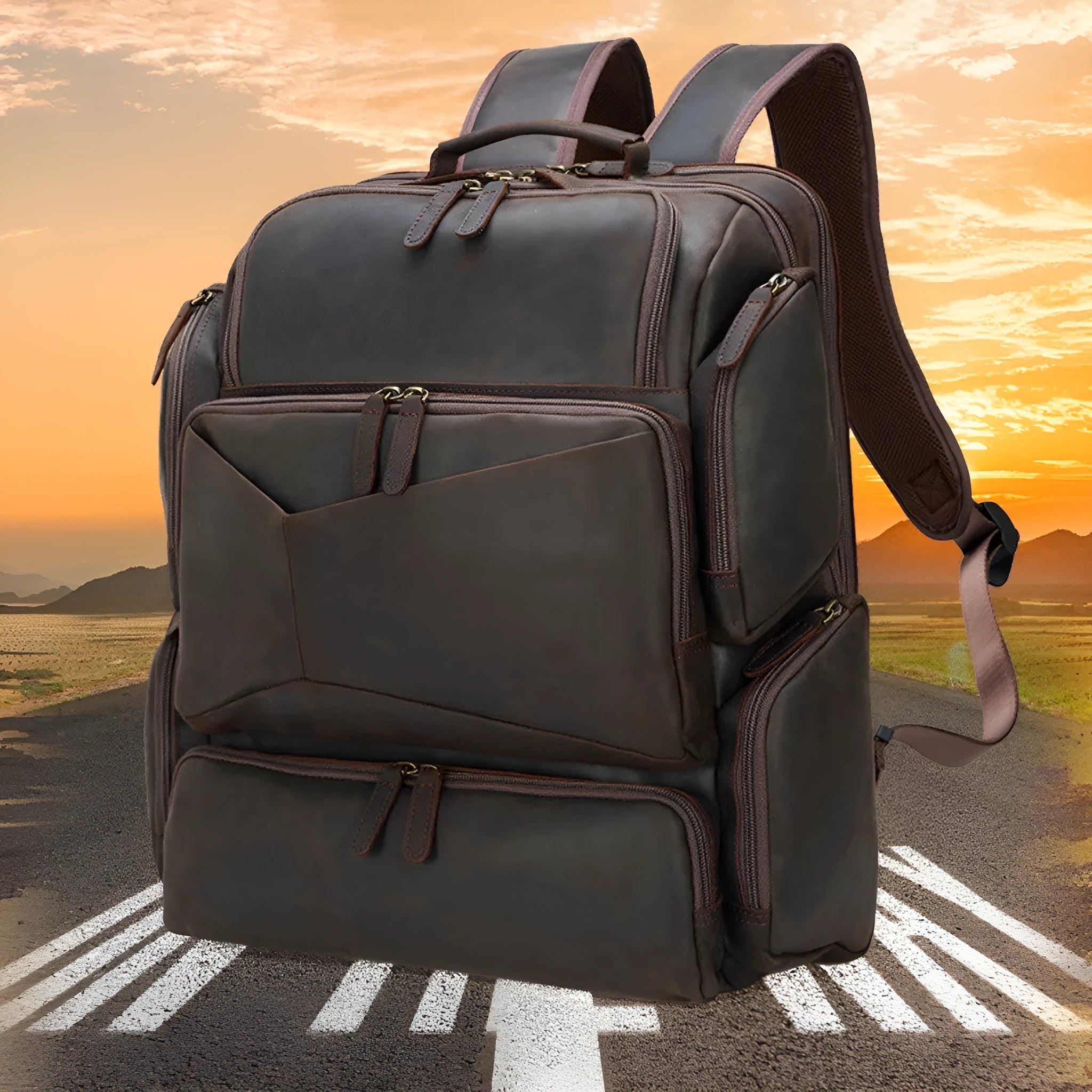 Dark brown leather backpack for 17-inch laptops with multiple compartments and shoulder straps