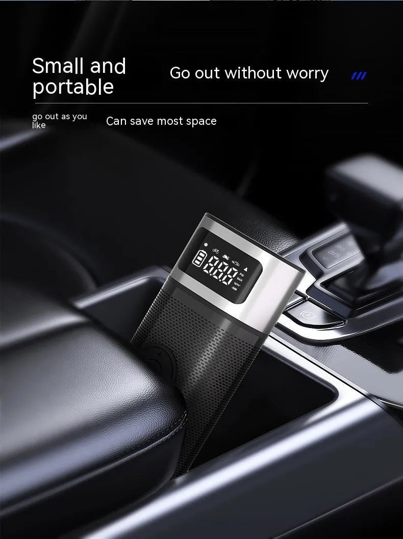 Black portable wireless air pump with USB charging cable and multiple nozzle attachments including bicycle, ball, and swimming ring connectors