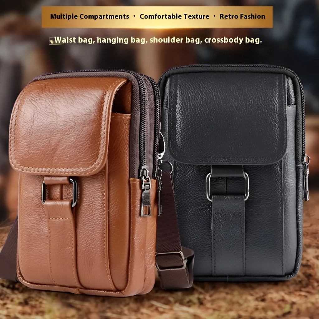 Men's genuine leather crossbody waist bag vertical square design with secure lock