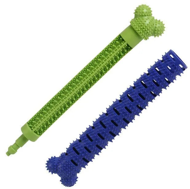 Blue and green silicone dog molar tooth cleaner chewing stick with textured brush head, 25cm long