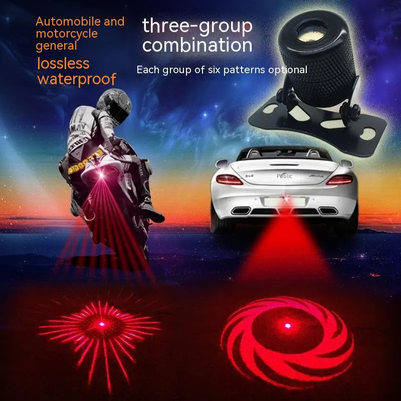 Red laser fog lamp with aluminium housing for car and motorcycle anti-collision safety.