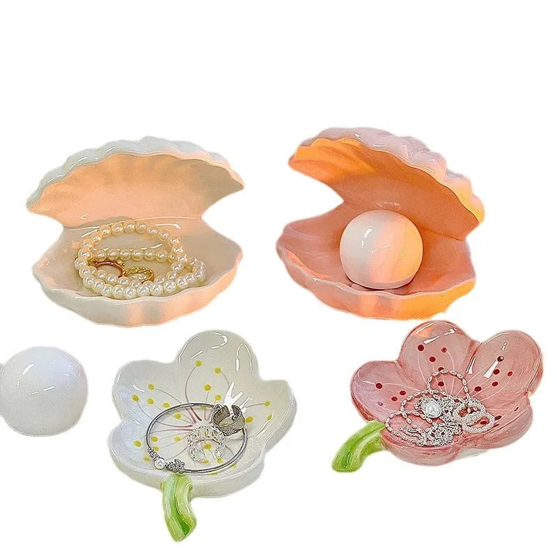 Yellow porcelain decorative storage tray with optional small night lamp, white and pink shell options