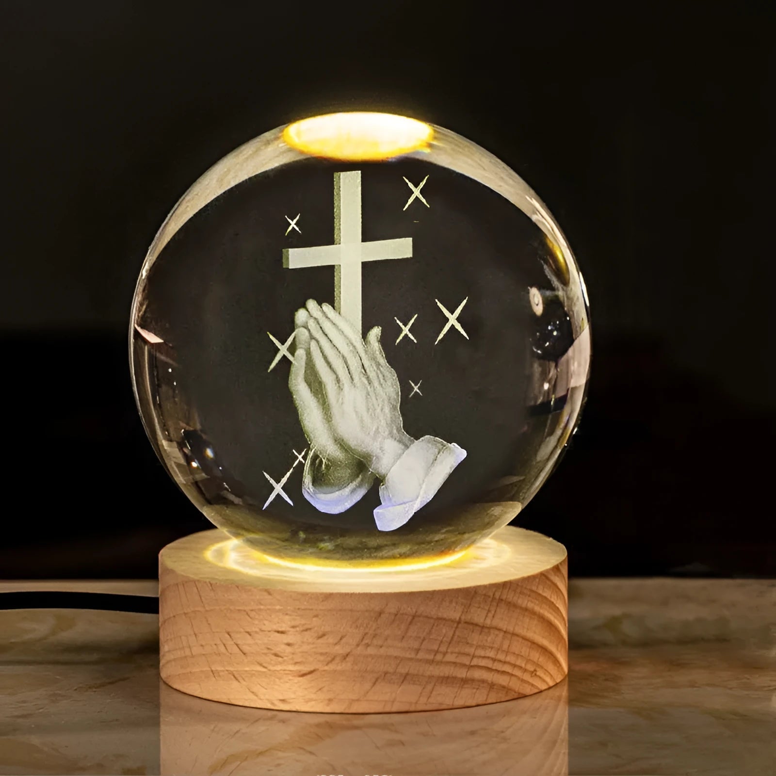 White crystal desk lamp with solid wood warm light base showing religious purity symbols