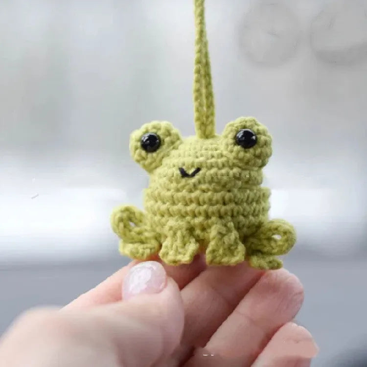 Green handmade woven frog automotive pendant hanging with 5cm by 15cm dimensions