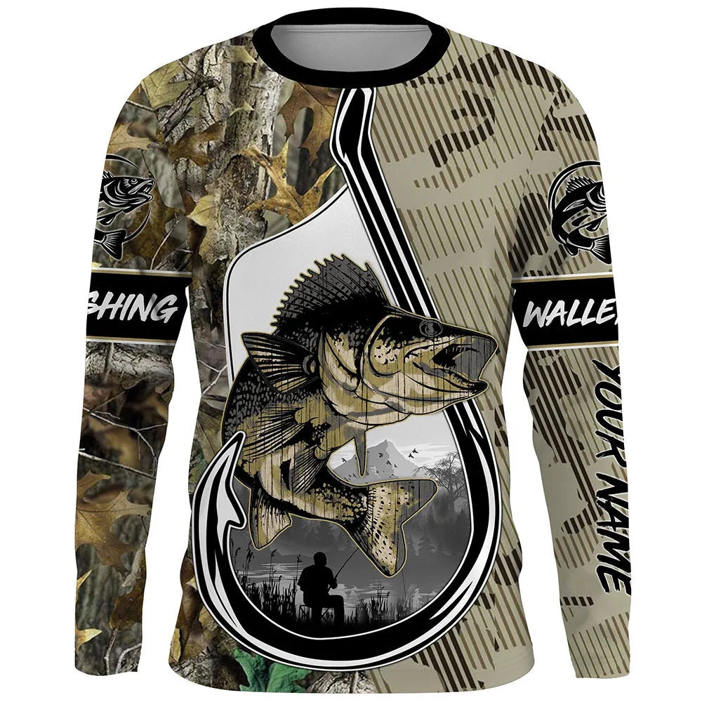 Men's grey long sleeve pullover top with an all-over colourful fish print design, round neck.