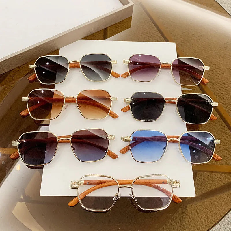 Women's frameless fashion glasses with wood grain pattern on gold alloy frame in double blue colour.