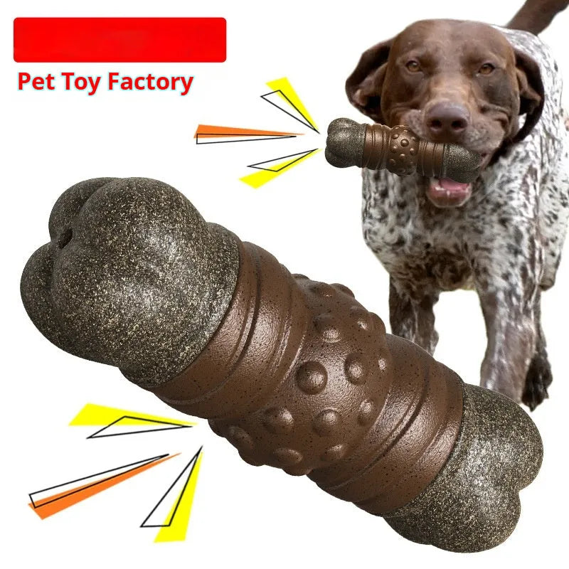 Wood coloured plastic bone-shaped dog toy with textured molar rod dental cleaning design