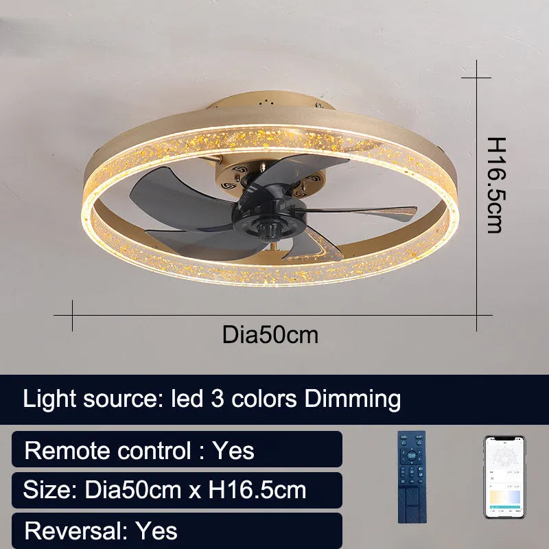 Nordic-style ceiling fan lamp with remote control, LED lighting, and 50cm diameter in coffee gold colour