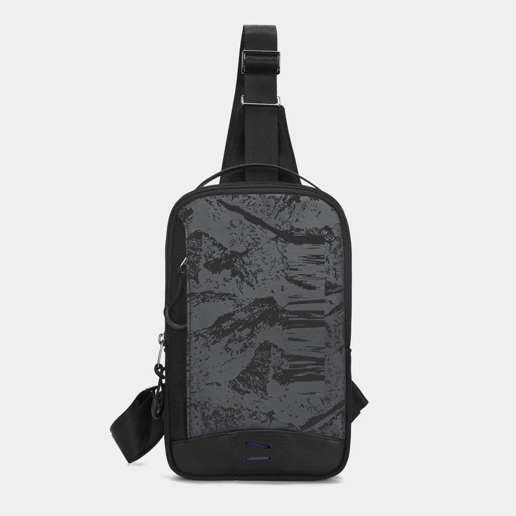 Casual black TPU camouflage chest bag with a soft handle and single shoulder strap.
