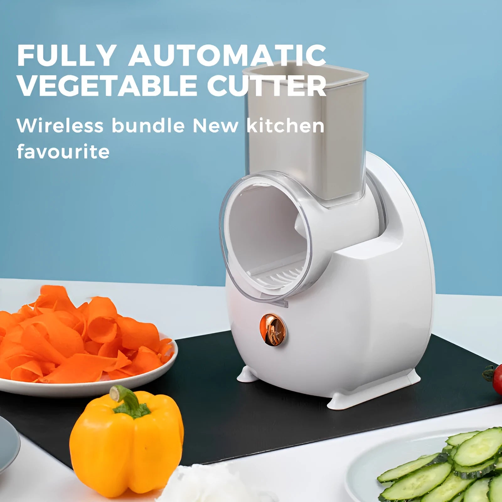 White electric vegetable slicer with rotary grater, suction base, and interchangeable blades