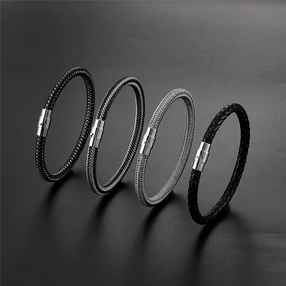 Titanium steel wire bracelet with magnetic clasp shown in a geometric unisex design.