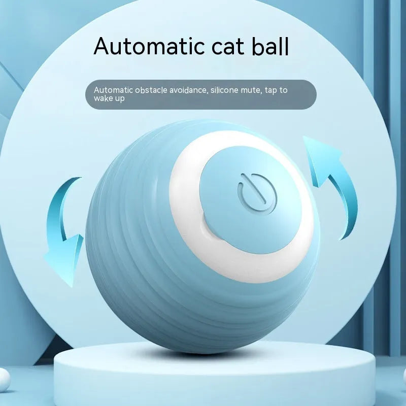 Blue automatic moving cat toy ball with charging cable for indoor feline entertainment