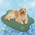Ice silk pet cooling mat for dogs in light grey with dog head pattern and non-slip base