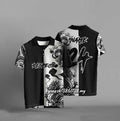 Black loose fit polyester t-shirt with short sleeves on a hanger