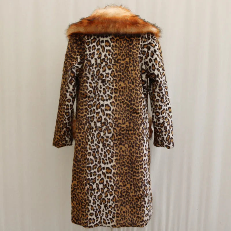 Long leopard print artificial fur jacket for women, shown as a full-length coat.