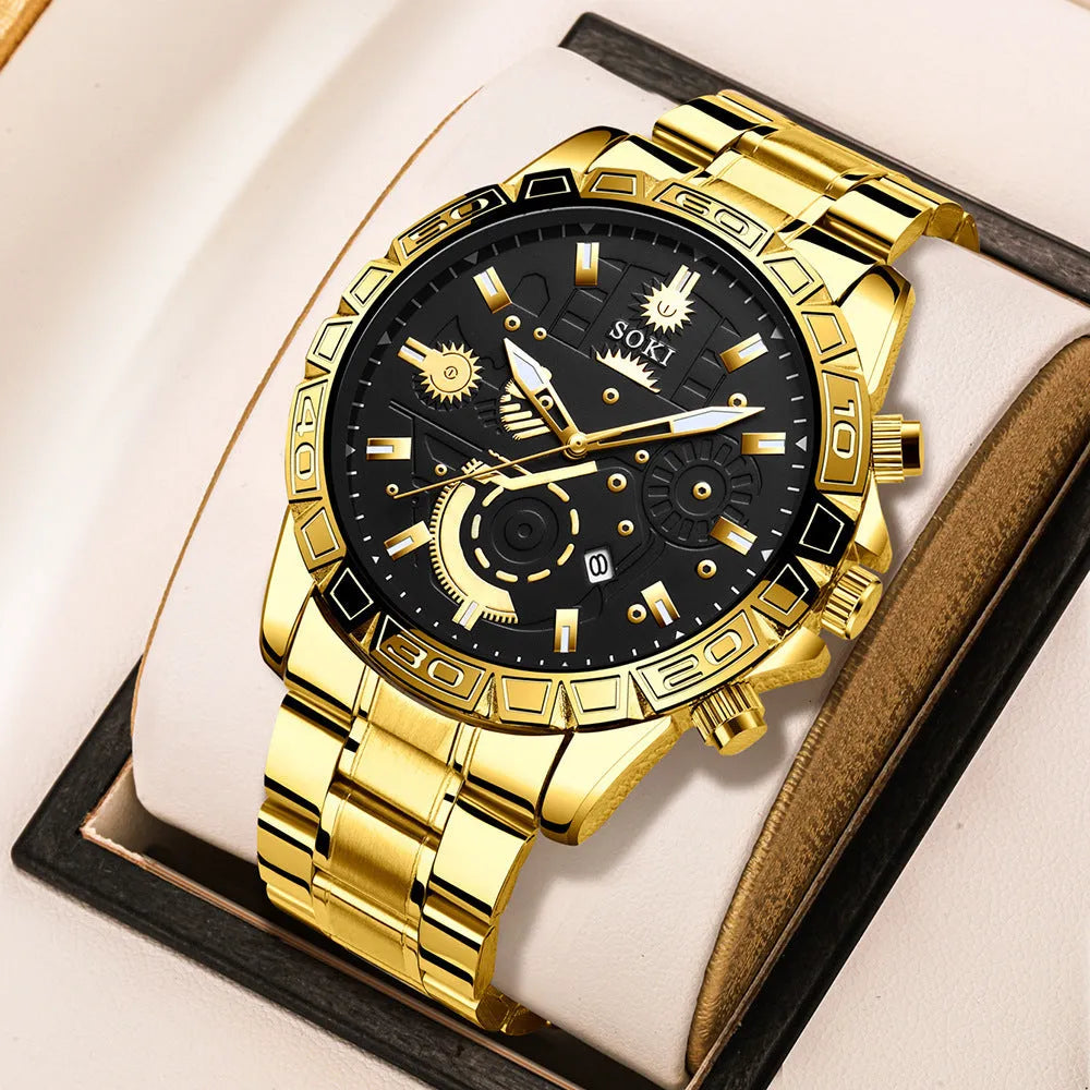 Gold men's business calendar watch with stainless steel strap and spiral crown