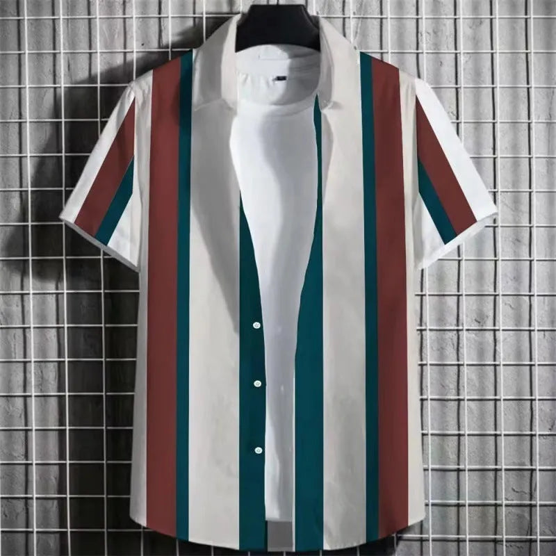 Men's striped linen t-shirt with 3D printing pattern in short sleeve design