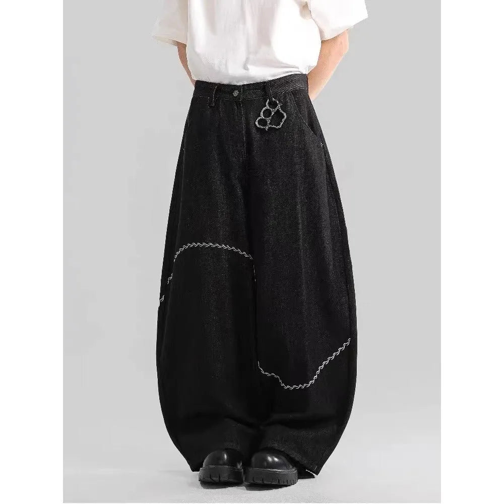 Black straight leg trousers in polyester denim fabric with micro-elastic properties for casual wear