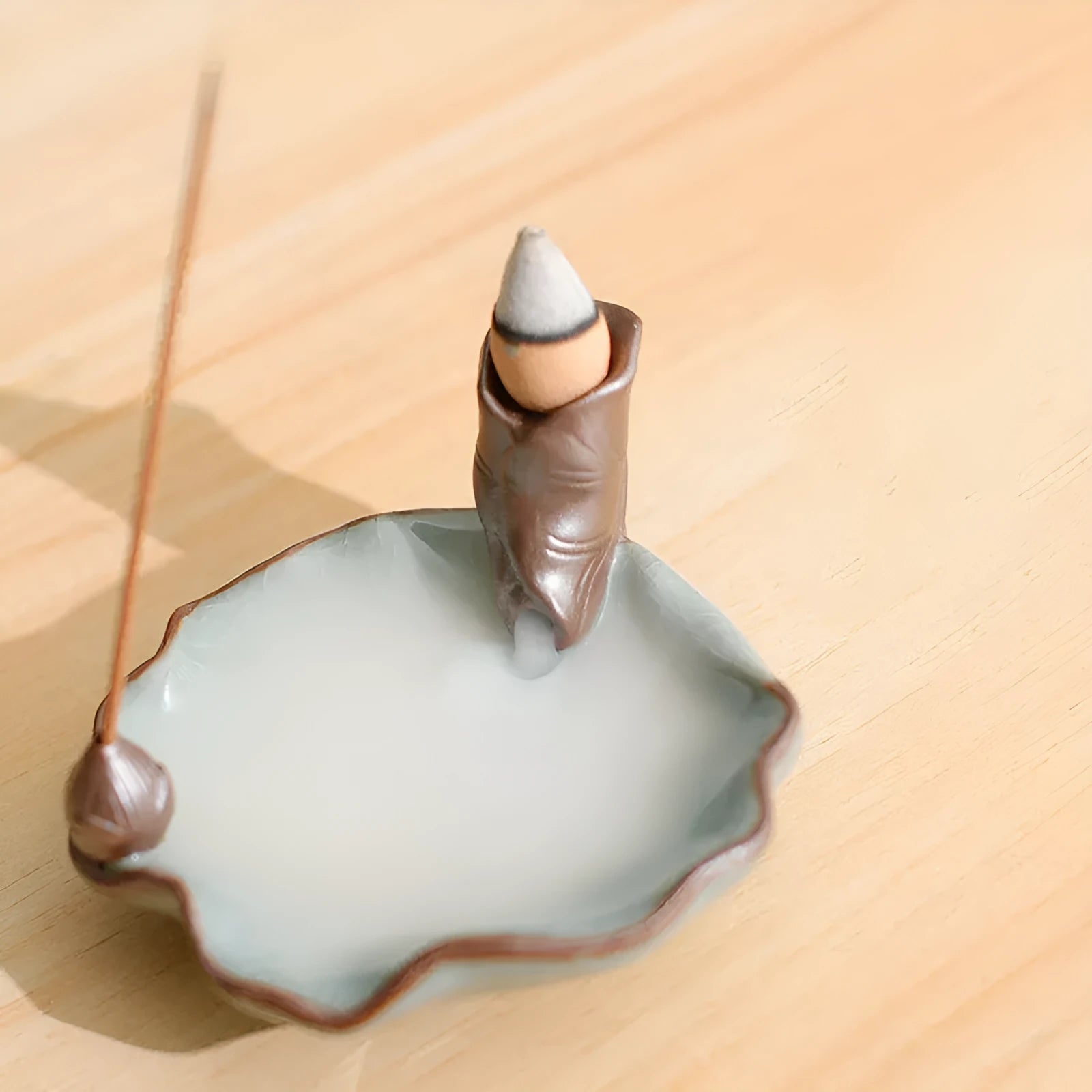 Ceramic reverse flow incense burner with square base, lotus and plum blossom patterns in new Chinese style