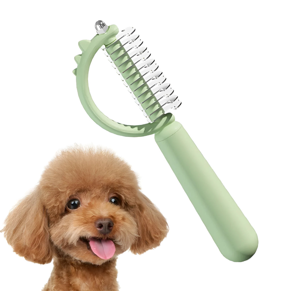 Dinosaur shaped cat brush with stainless steel bristles and self cleaning feature