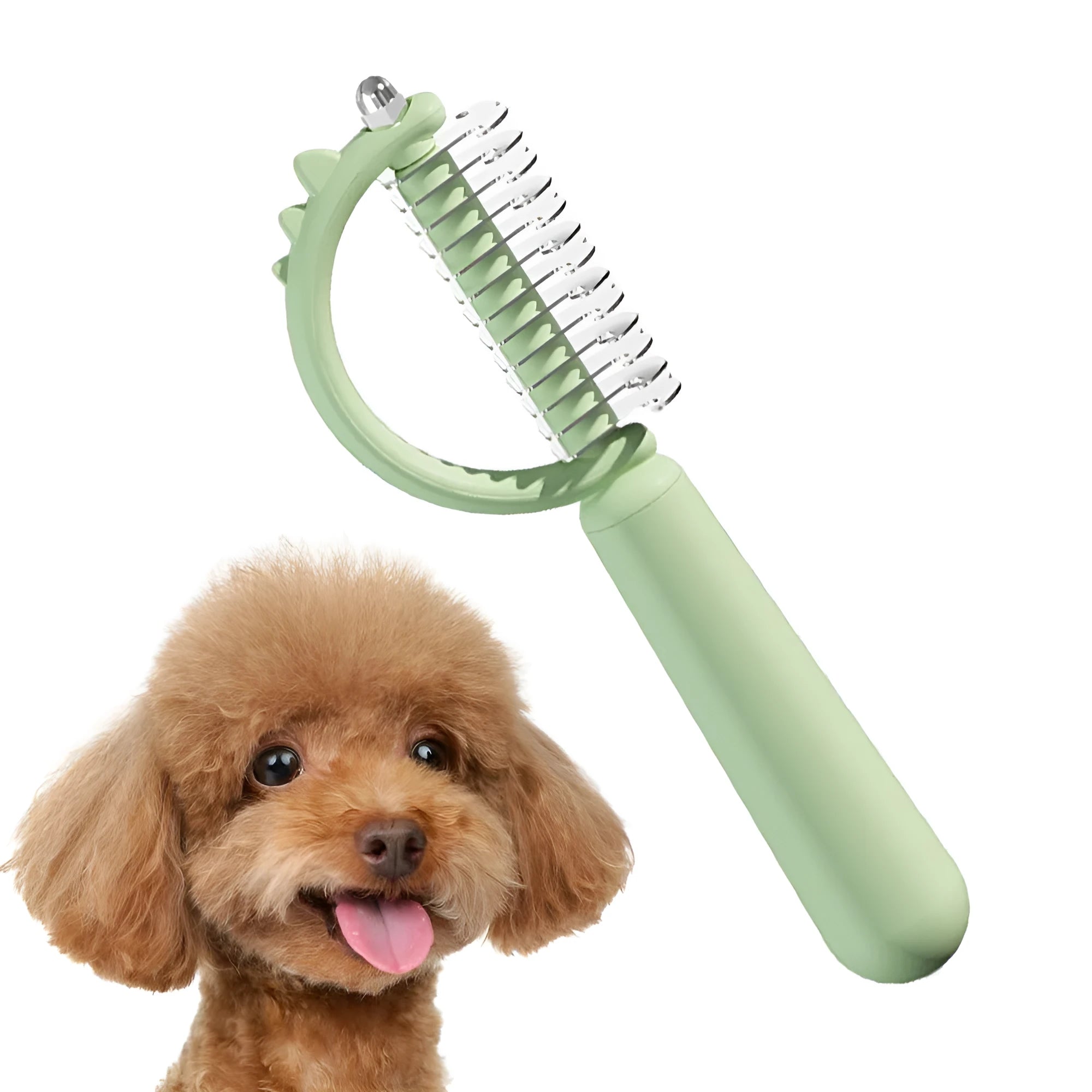 Dinosaur shaped cat brush with stainless steel bristles and self cleaning feature