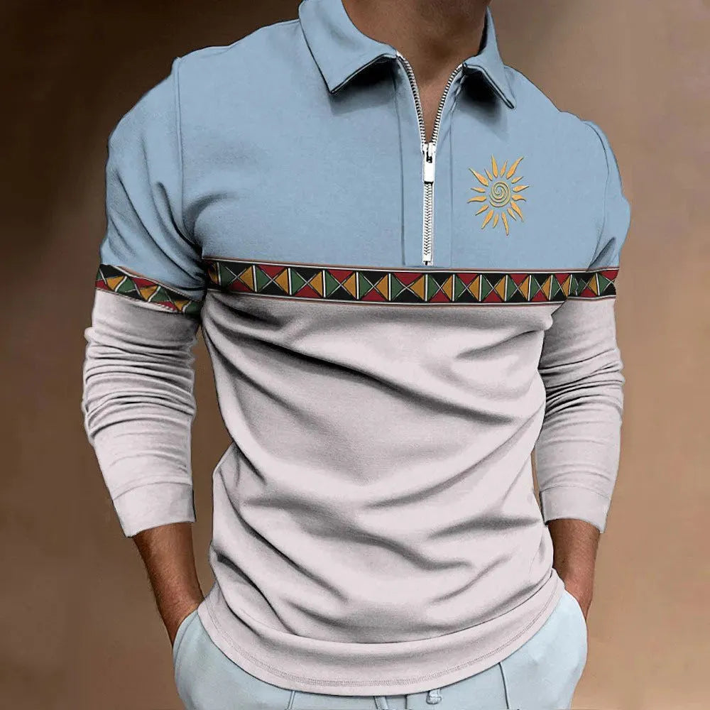 Men's loose long sleeve t-shirt with retro colour stripes and a decorative zipper detail on the front.