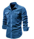 Men's long-sleeve linen shirt in a straight college fit, shown in Denim Blue colour.