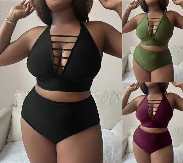 Plus size woman modelling a black adjustable halter bikini with high waist briefs
