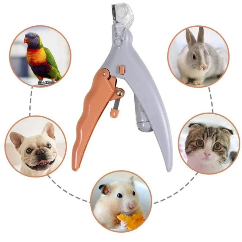 Yellow pet nail clipper with LED light and magnifying lens, safety guard, and non-slip handle
