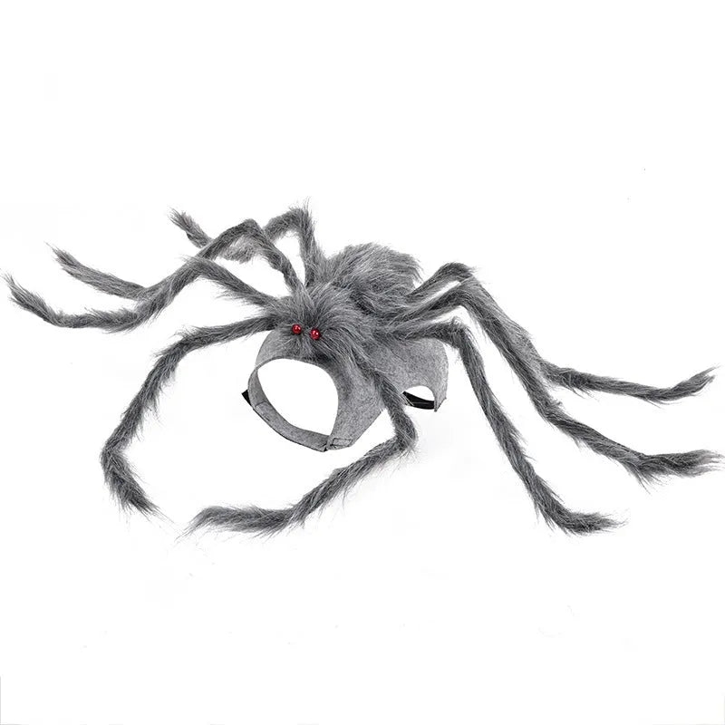 Grey, brown, and black and purple spider Halloween costume for a dog or cat on a mannequin.