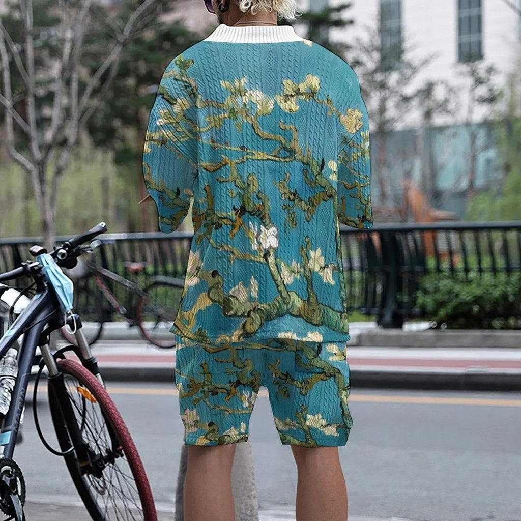 Men's peacock blue knitted shorts set with T-shirt jacket and mid-length trousers